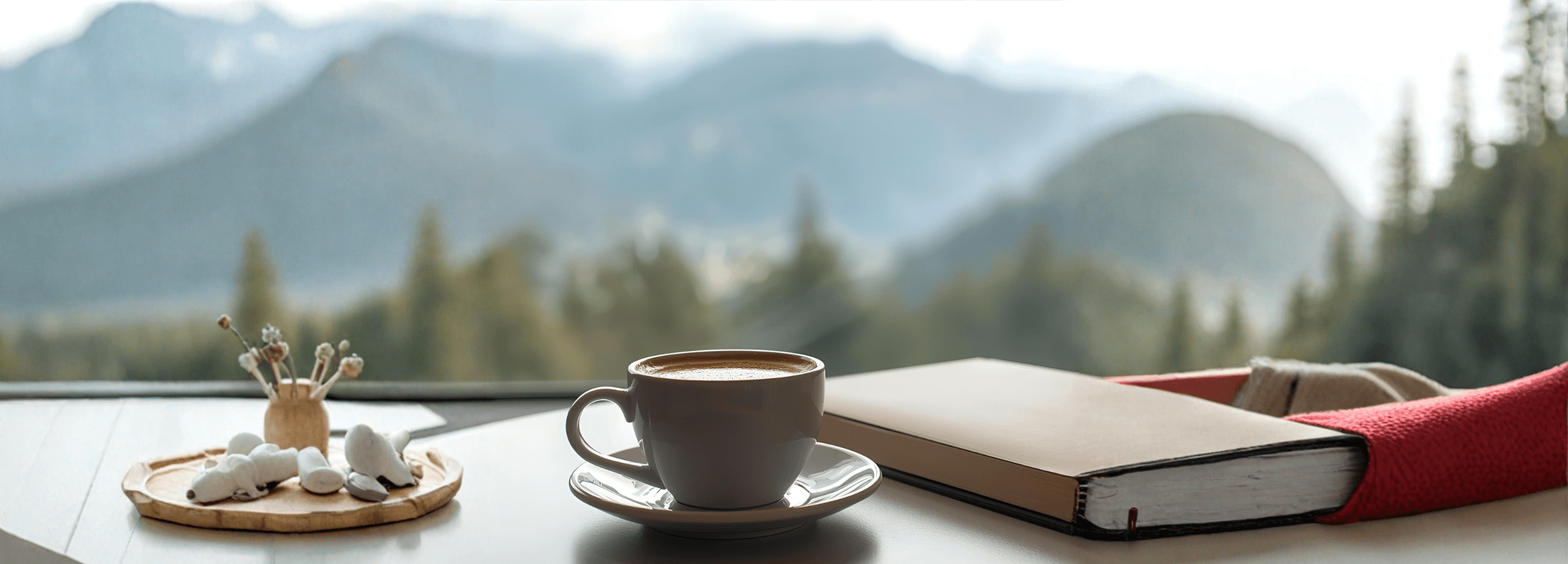Genieße deinen Kaffee bei einem guten Buch und Blick in die Natur