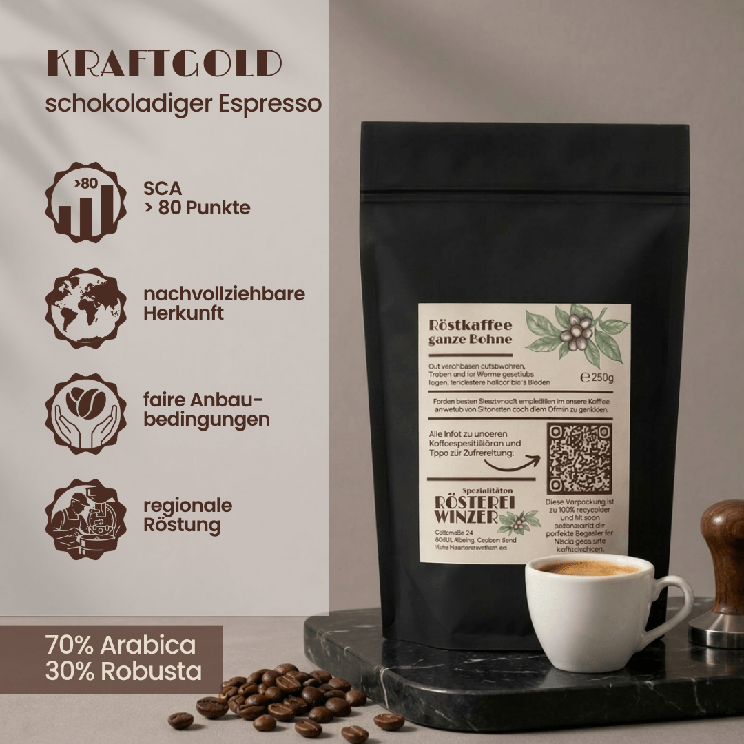 Spezialitäten Kaffee, ganze Bohne, 250g kaufen, Rösterei Winzer, schokoladiger ausgewogener Espresso
