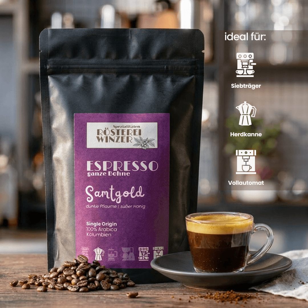 Spezialtäten Rösterei Winzer, ganze Bohnen kaufen, Zubereitungsempfehlung, ideal für Siebträger, Kaffeevollautomat, Herdkanne, Bialetti