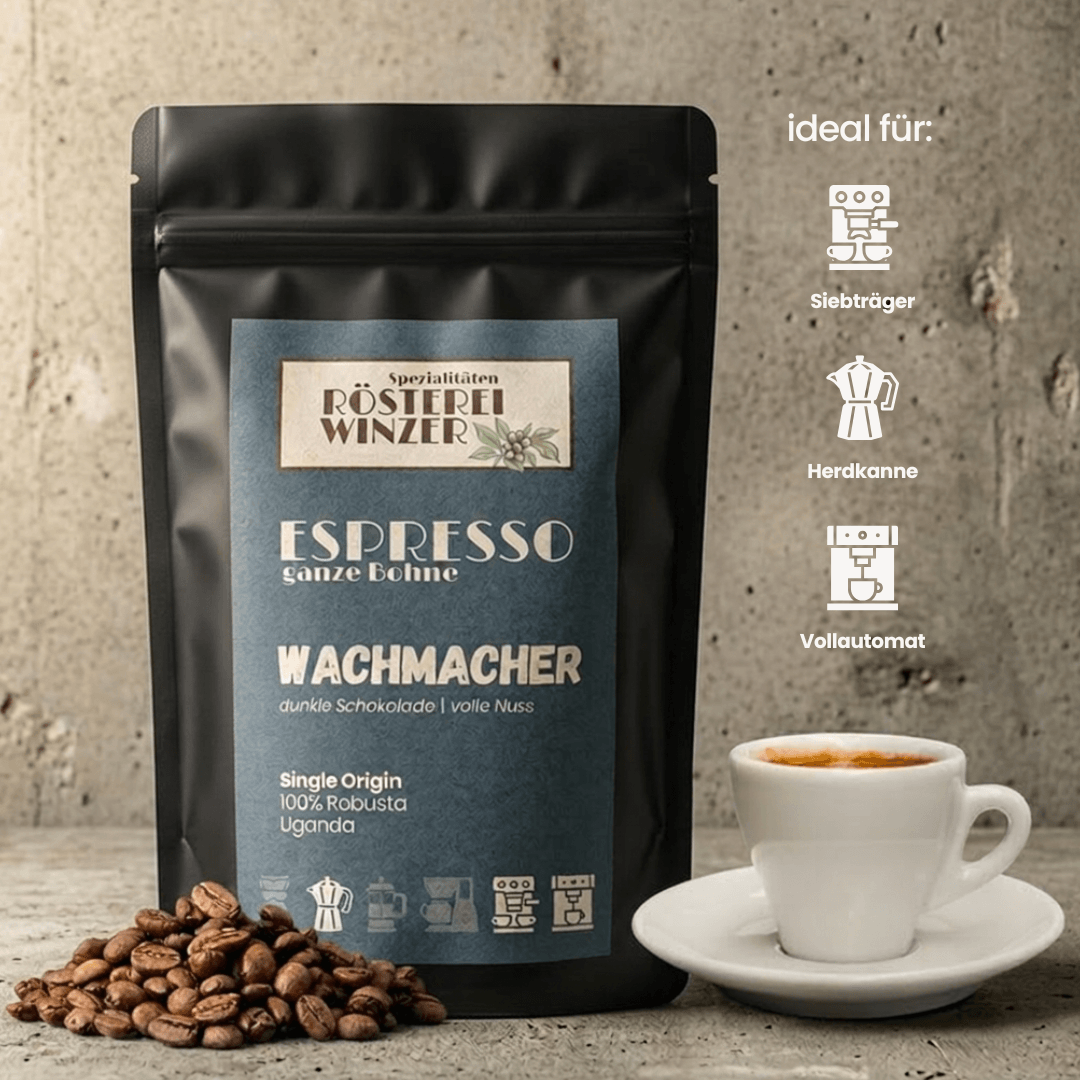 Spezialtäten Rösterei Winzer, ganze Bohnen kaufen, Zubereitungsempfehlung, ideal für Siebträger, Kaffeevollautomat, Herdkanne, Bialetti