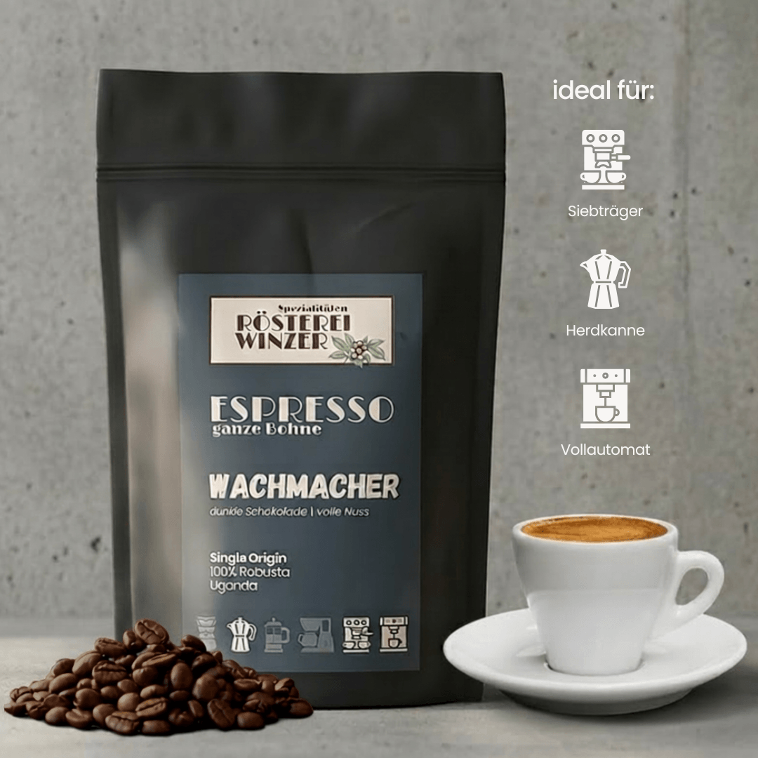 Spezialtäten Rösterei Winzer, ganze Bohnen kaufen, Zubereitungsempfehlung, ideal für Siebträger, Kaffeevollautomat, Herdkanne, Bialetti