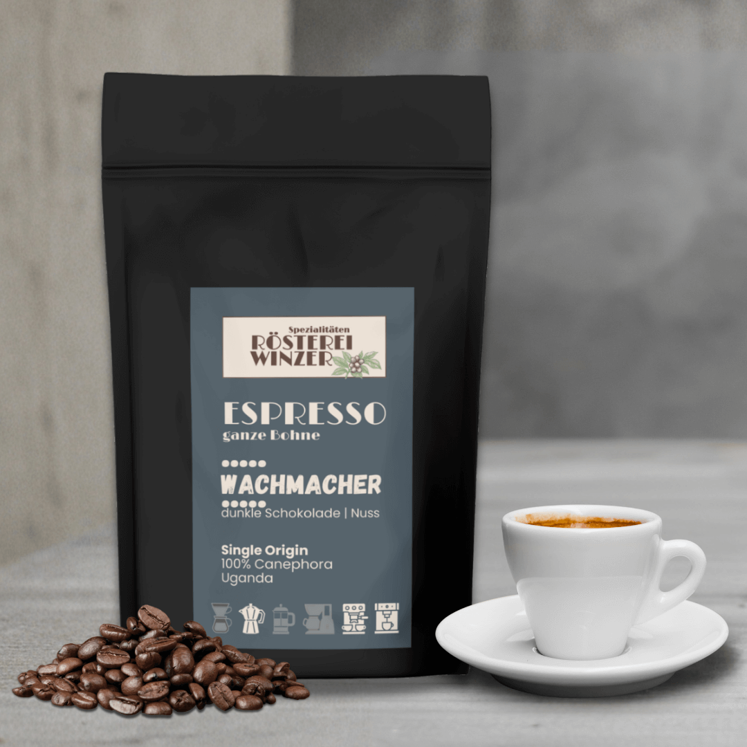 Wachmacher 100% Robusta aus Uganda, dunkle Schokolade, viel Koffein
