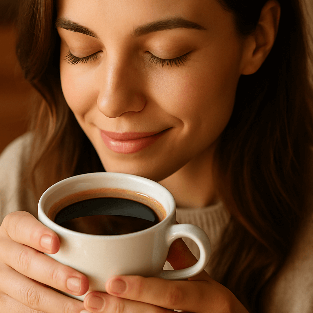 Frau riecht genüsslich an einer Tasse Specialty Coffee – Symbolbild für hochwertige Kaffeegenusskultur