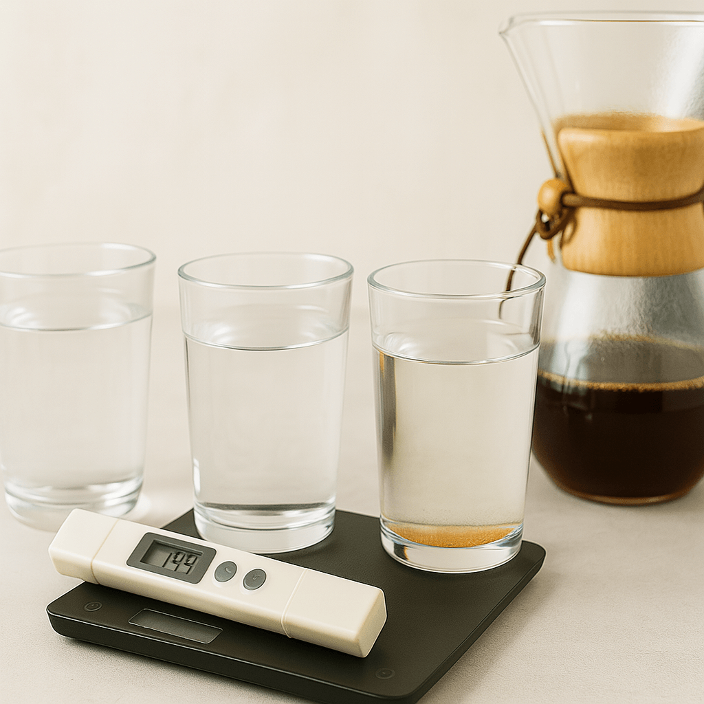 Wasserqualitätstest mit drei Gläsern, TDS-Messgerät und Chemex auf hellem Untergrund – Darstellung der Bedeutung von Wasser für Kaffeegeschmack