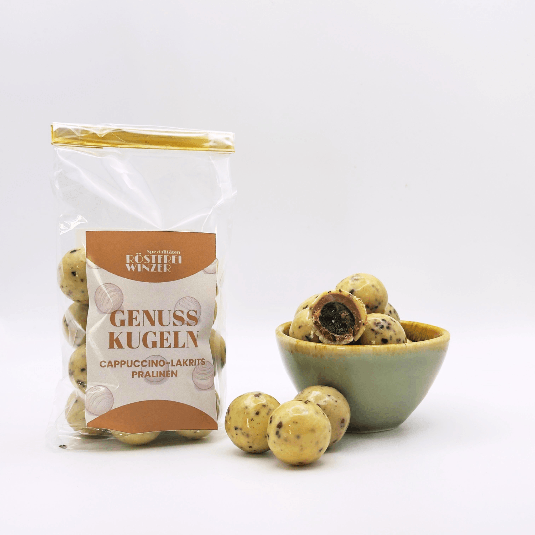 Rösterei Winzer Genuss-Kugeln, feine Pralinen Cappuccino-Lakritz, perfekt zu Espresso und Cappuccino