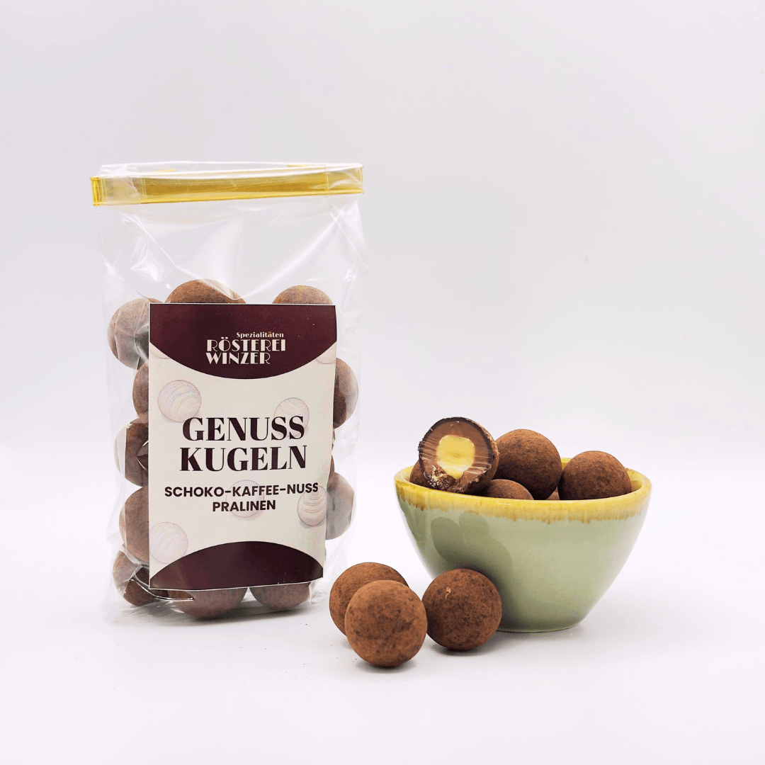Rösterei Winzer Genuss-Kugeln, feine Pralinen Schoko-Kaffee-Nuss, perfekt zu Espresso und Cappuccino 