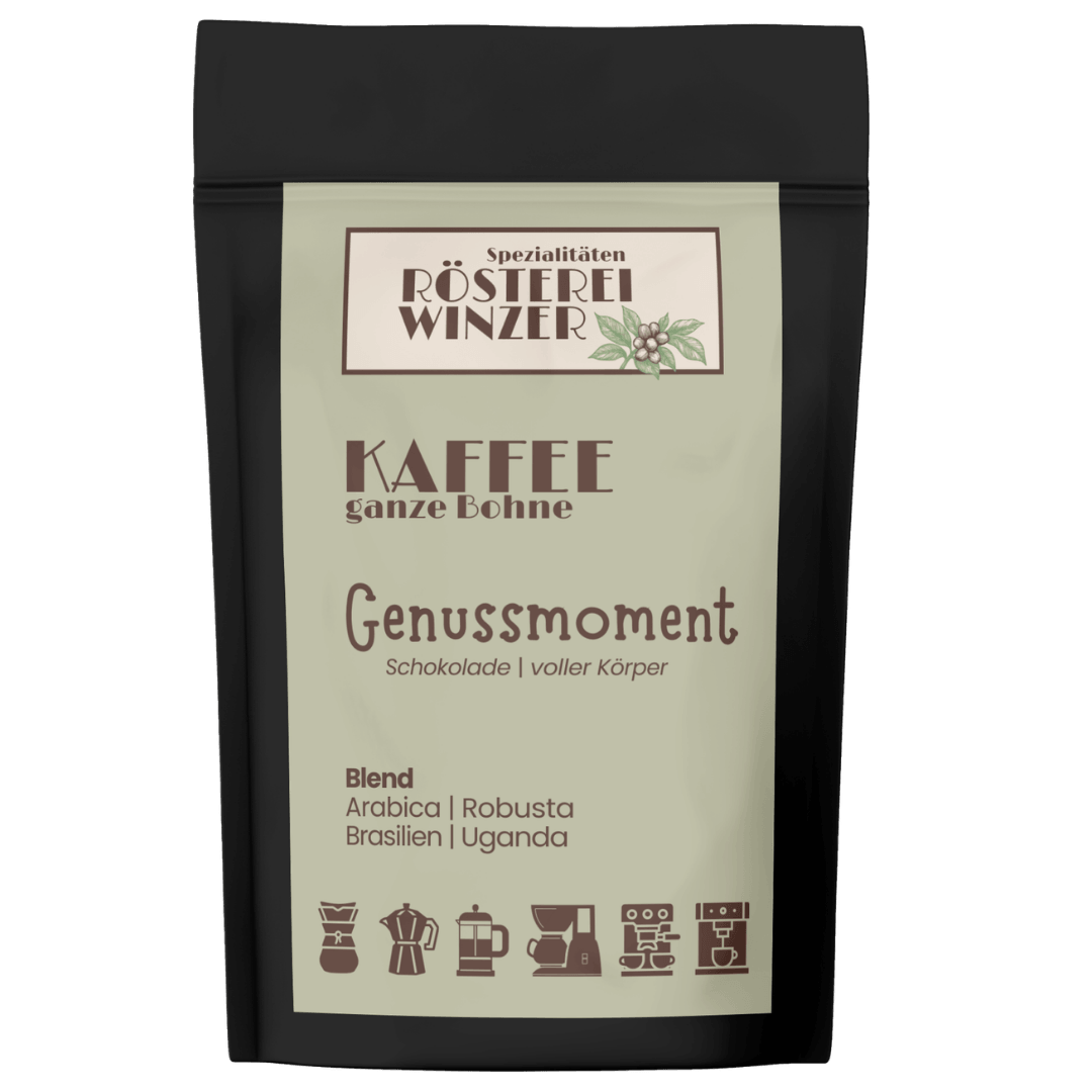 Genussmoment, Blend, Brasilien, Uganda, kräftig, nicht bitter, schokoladig, nussig, Rösterei Winzer
