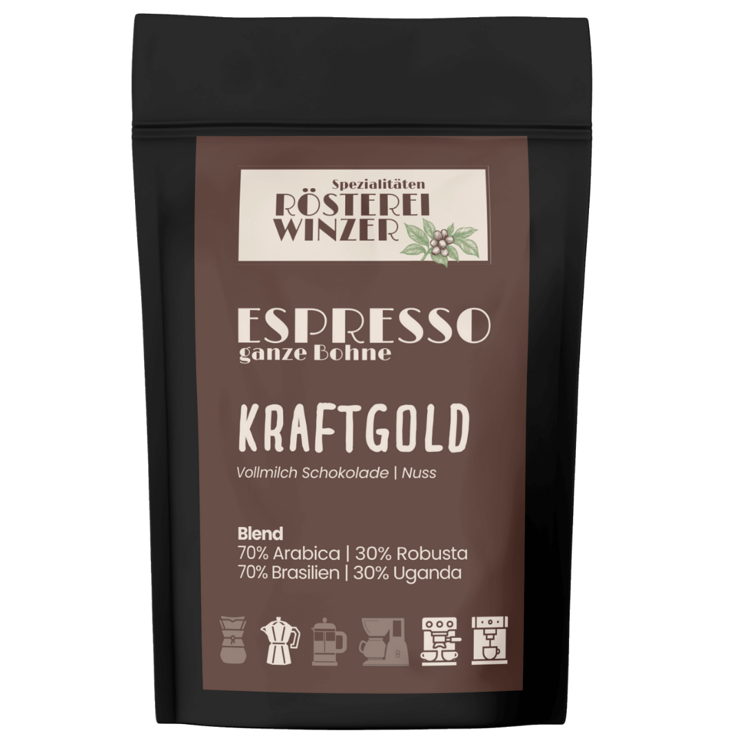 Kraftgold Espresso, ganze Bohne, Blend aus Arabica und Robusta, Brasilien und Uganda