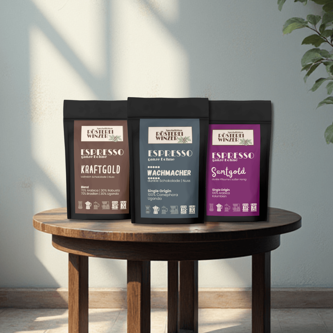 Probierpaket Espresso, Siebträger, Kolumbien, Uganda, Brasilien, 100% Robusta, Blend, schokoladig, dunkel, fruchtig