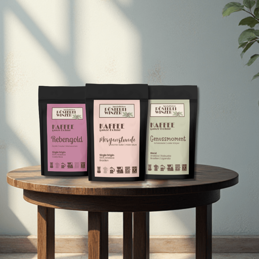 Probierpaket Kaffeevollautomat, Rebengold, Morgenstunde, Genussmoment, Costa Rica, Brasilien, Uganda